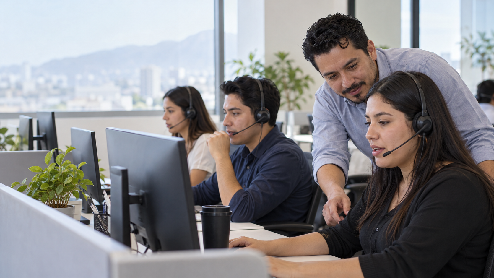 Call center representatives working together at their desks